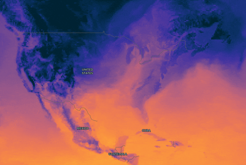 Animated ECMWF temperature forecast rendered from a Zarr store, credit Development Seed (deck.gl-raster)